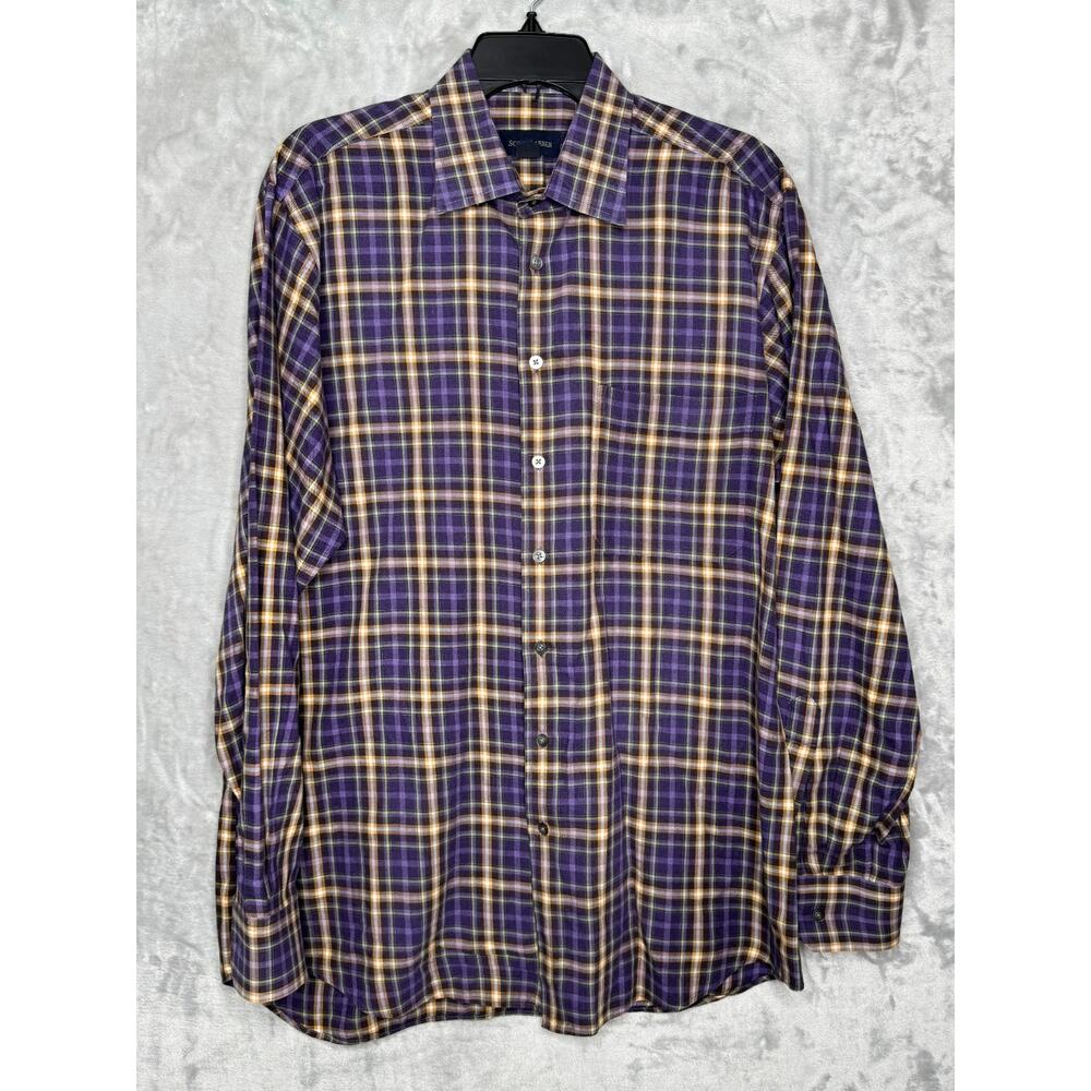Scott Barber Shirt Mens Large Purple Green Marigold Plaid Long Sleeve Cotton
